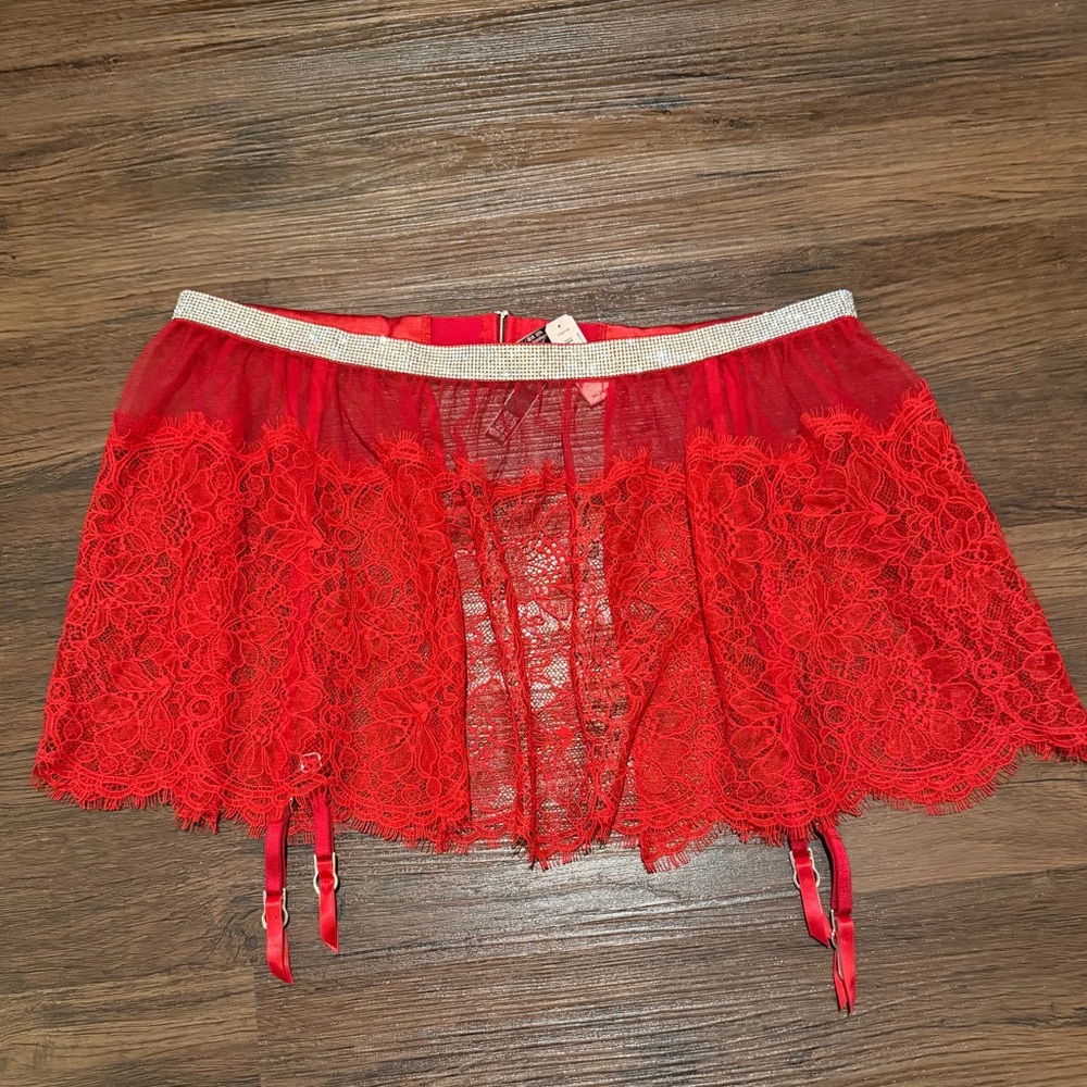 Victoria's Secret Shine Strap Red Lace Garterbelt Skirt